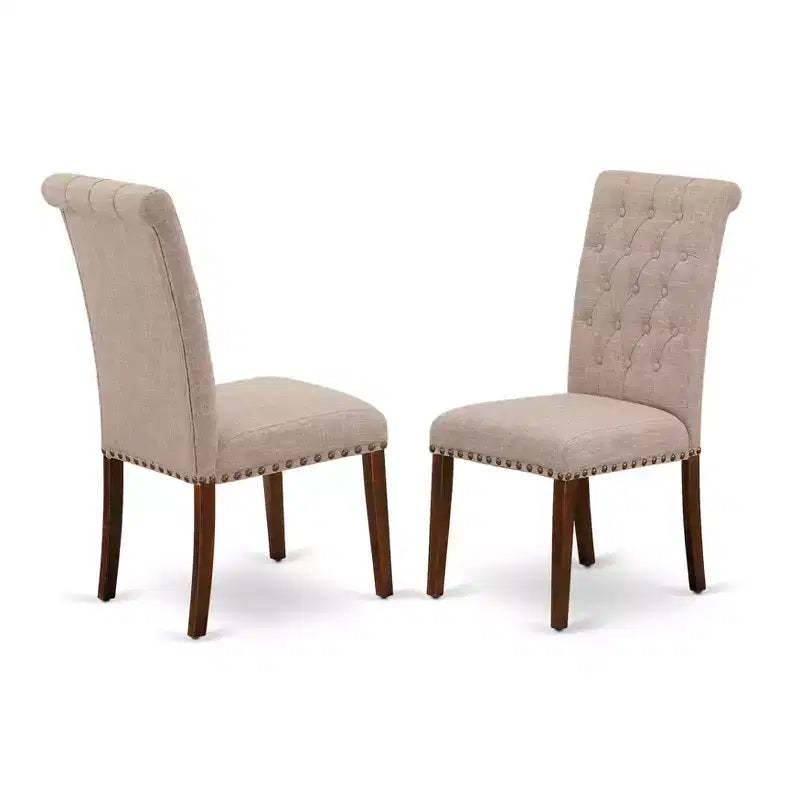 HomeStock Bremond Parson Dining Chairs Button Tufted Nailhead Trim Light Tan Linen Fabric Set of 2 Mahogany