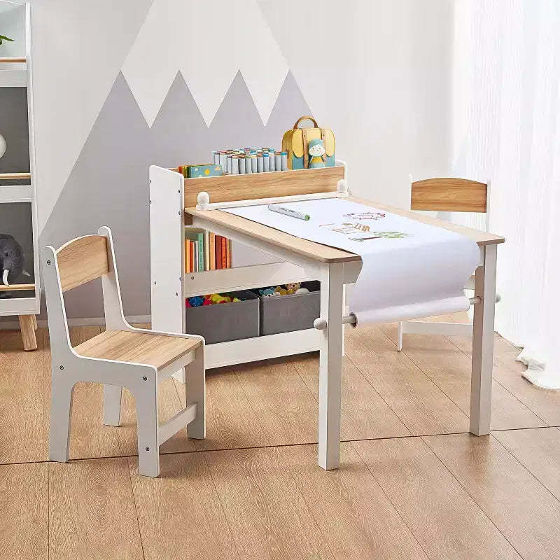 LuxenHome Kids Art Table and Chairs Set with Paper Roll Holder, Wooden Toddler Activity Table with Storage Bins & Bookshelf, Ages 3-6 Brown