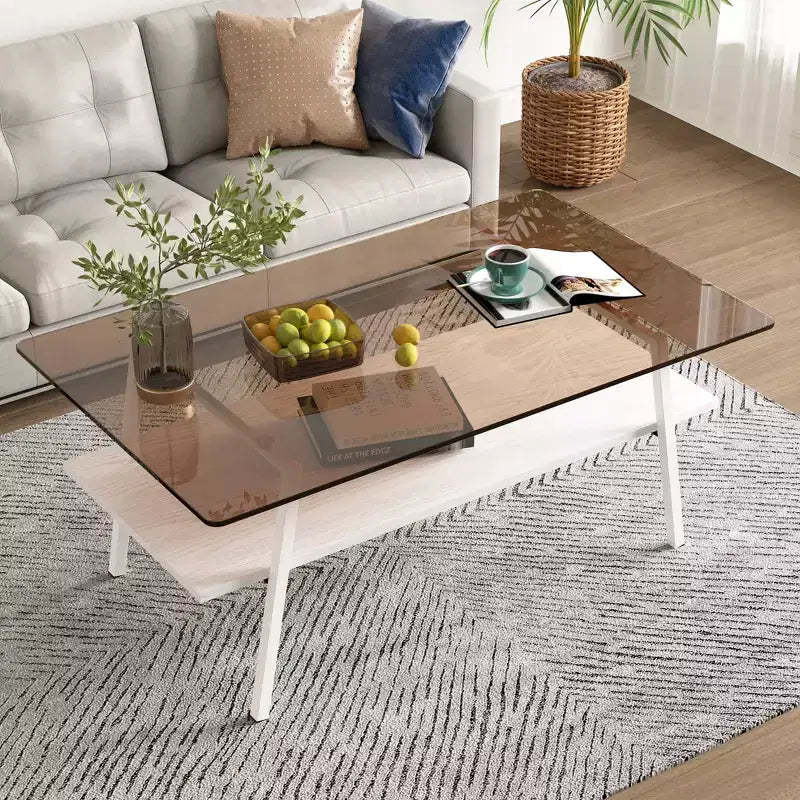 Mayeerty Rectangle Coffee Table, Tempered Glass Tabletop with White Metal Legs, Modern Table for Living Room , Brown Glass