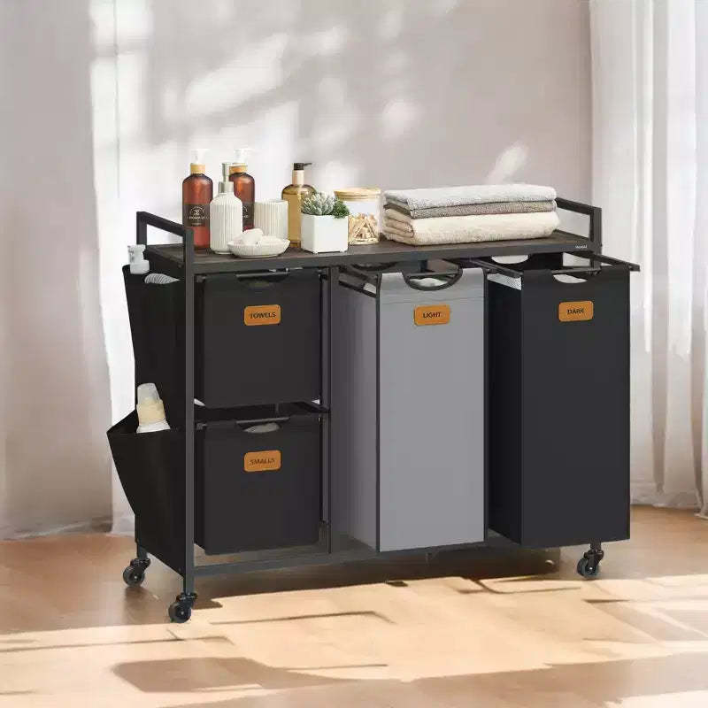 LEDREM Chestnut Brown, Ink Black and Dove Gray 39.6 Gal. (150 L) 4 - Compartment Laundry Hamper. A rolling laundry cart with shelves and 6 labels.