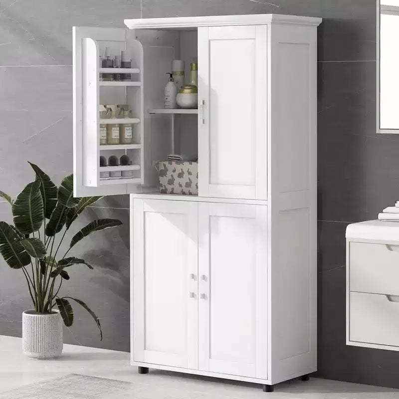 Tall & Wide Bathroom Floor Storage Cabinet, 4-Door Freestanding Cabinet with Adjustable Shelves, White - ModernLuxe