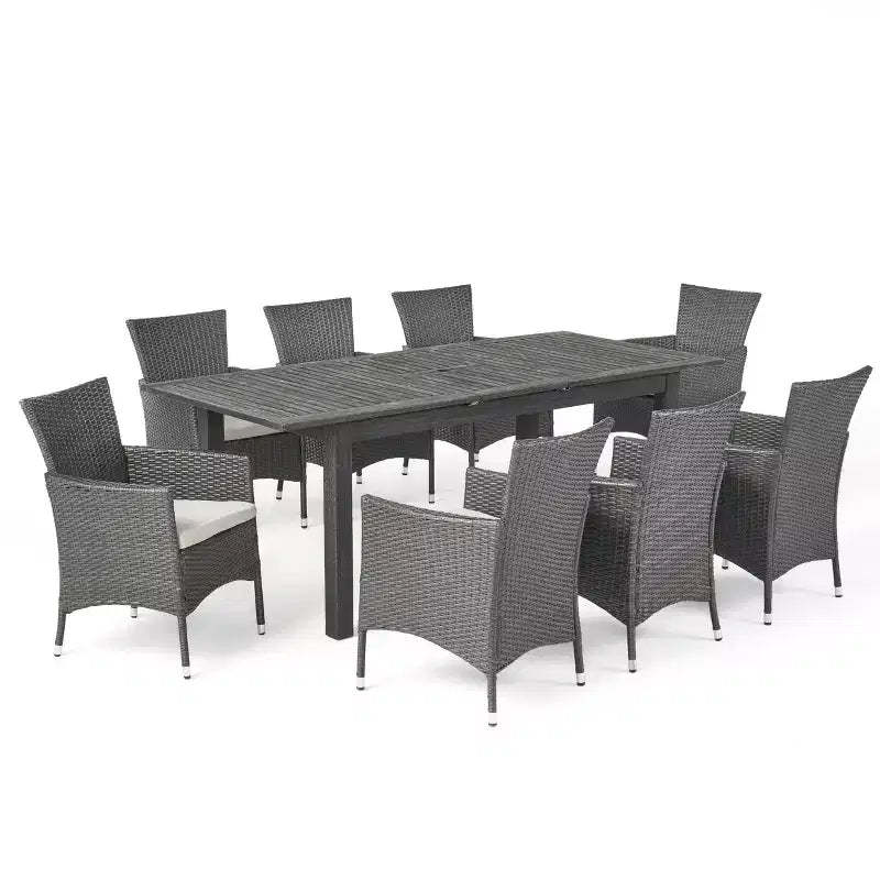 GDFStudio Aloha Outdoor Acacia Wood and Wicker 9 Piece Expandable Dining Set, Light Gray/Gray