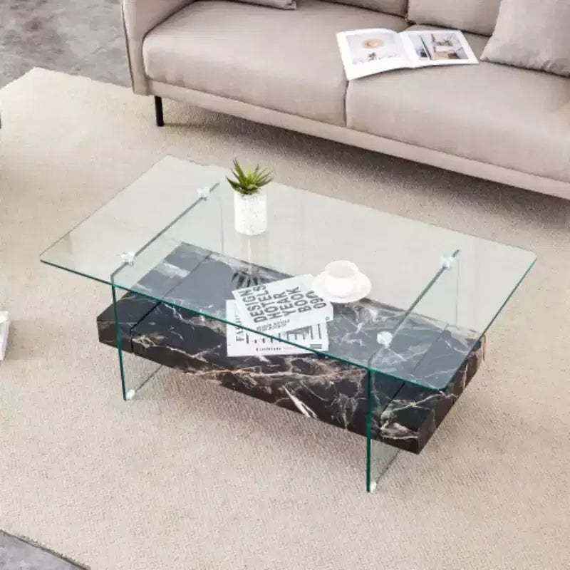 Two-Tier Coffee Table - Modern Design, 43.3 Inches, Clear Glass and Black Marble