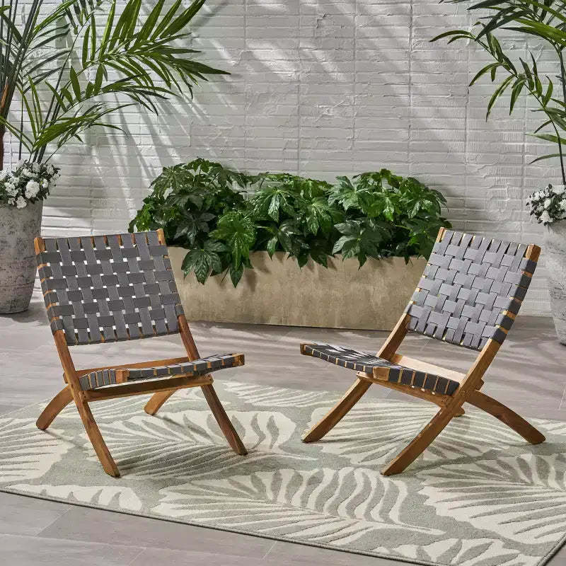 Christopher Knight Home Octavia Outdoor Acacia Wood and Strapping Belt Folding Chairs (Set of 2), Brown and Gray