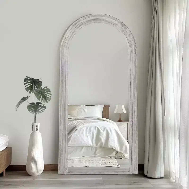 Solid Wood Staircase Style Full-Length Mirror with Angular Blocks and Whitewashed Finish, 180x90x4 cm (Without Stand)