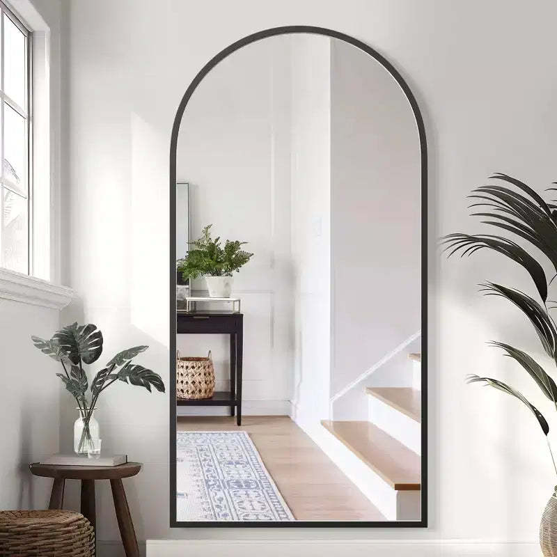 Solid Wood Straight Edge Right Angle Arch Black Full-Length Mirror 180x90x2 cm (Without Stand)