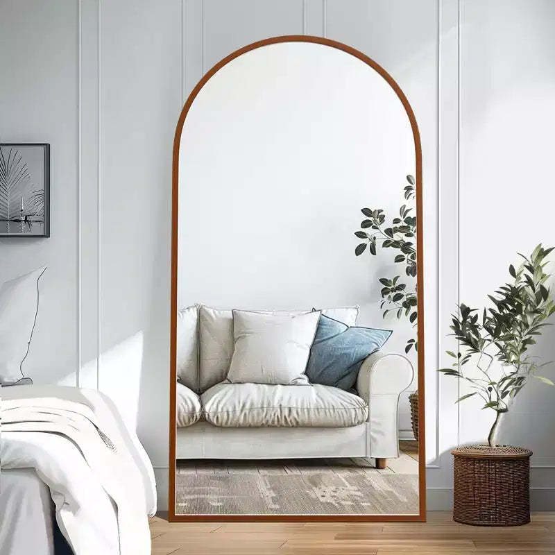 Peach-Toned Solid Wood Rectangular Full-Length Mirror 180x90x2cm