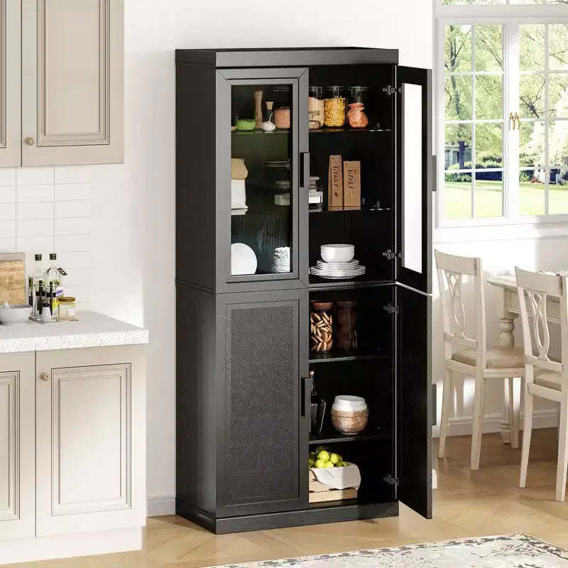 Solid Wood Pantry Cabinet with Adjustable Shelves and Glass Door