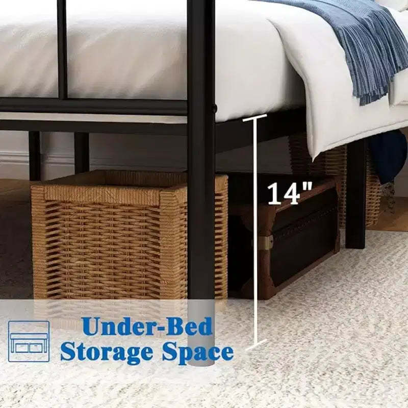 Single Bed Size 14 Inches (Approximately 35.6 cm) High Classic Metal Platform Bed Frame with Wrought Iron Headboard