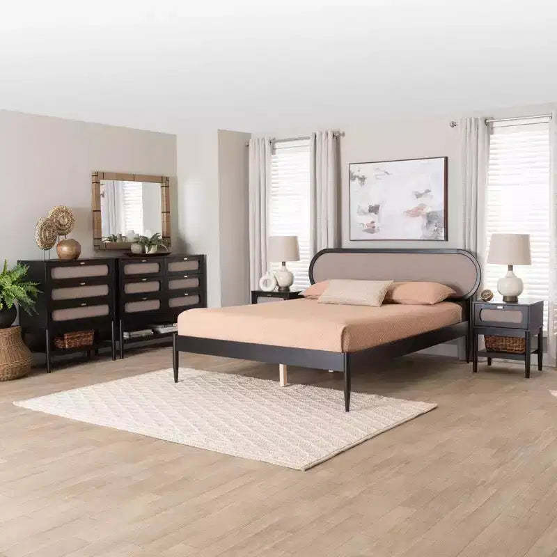 Baxton Studio Shirin Mid-Century Beige Fabric and Black Wood Queen 5-Piece Bedroom Set