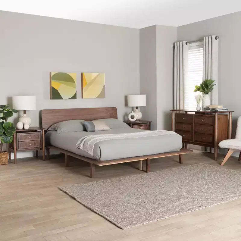 Baxton Studio Alyssa Japandi Walnut Brown Wood 4-Piece Bedroom Set