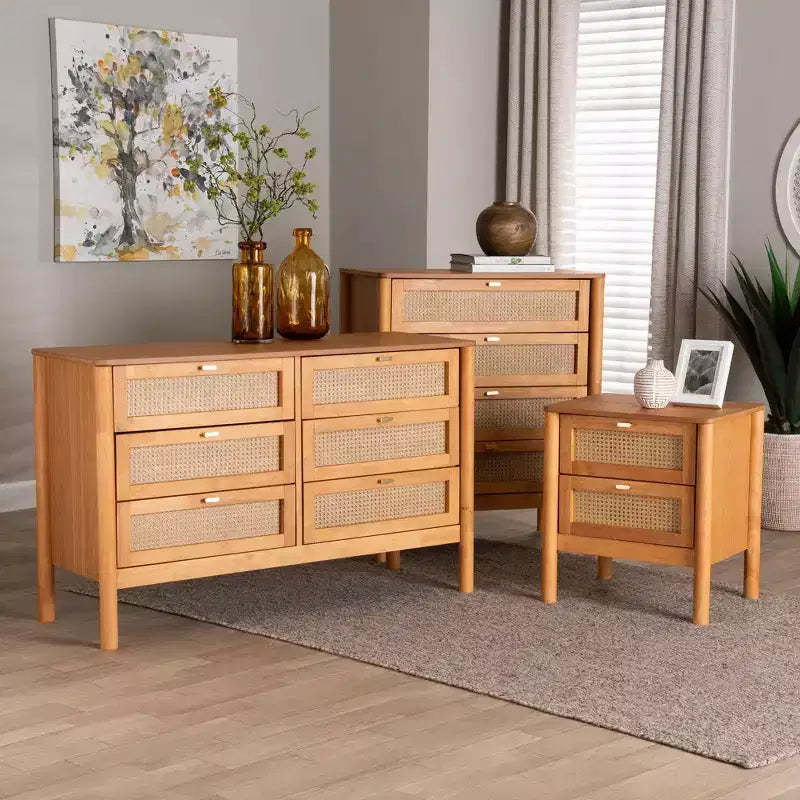 Baxton Studio Jenn Golden Brown Wood Japandi 3-Piece Storage Set with Distressed-Finished Rattan
