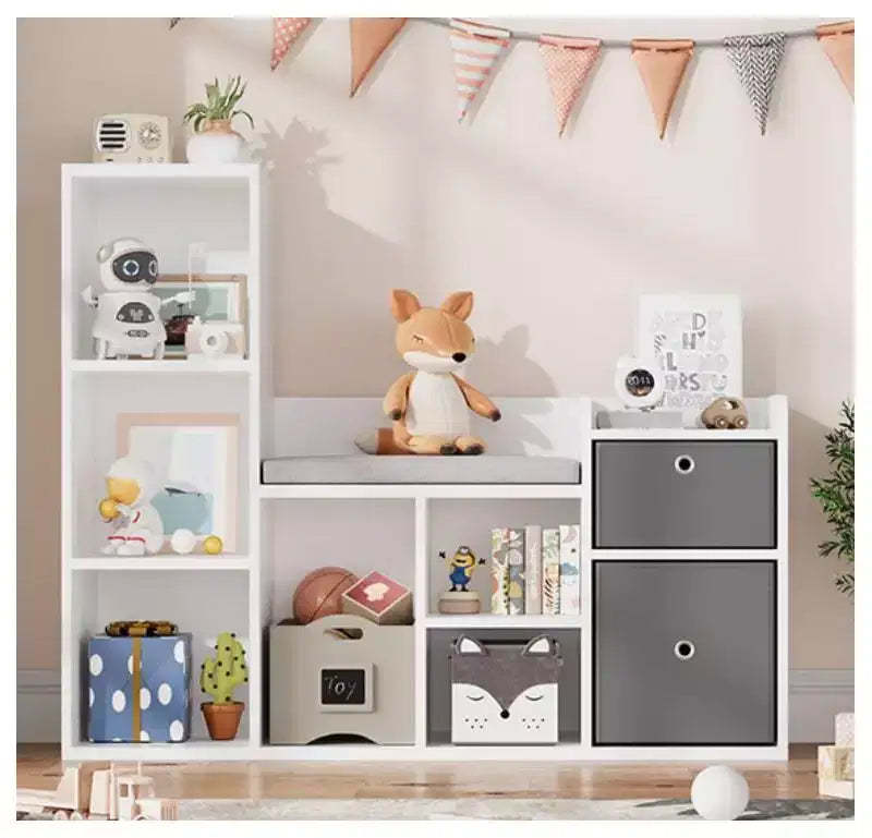 Kids Bookshelf Width Toy Storage Organizer with Reading Nook for Kids Room, Playroom, Nursery White Bookcase Seat Cushion