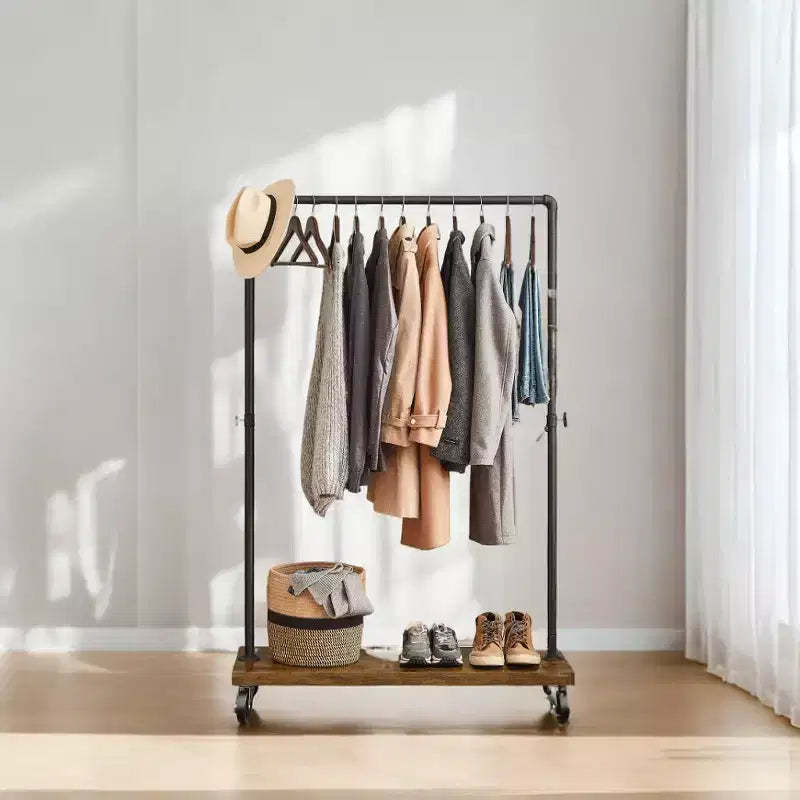 LEDREM Rolling Garment Rack with Shelf, Heavy-Duty Industrial Pipe Style Clothes Rack for Bedroom, Laundry Room, Commercial Display