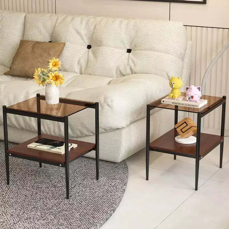 MAYEERTY Set of 2 Rectangle End Table with Tempered Glass Tabletop, for Living Room, Brown Glass