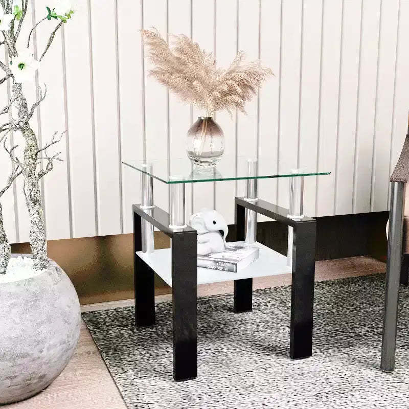 MAYEERTY Modern Tempered Glass End Table, Square Side Table for Living Room Bedroom, Transparent
