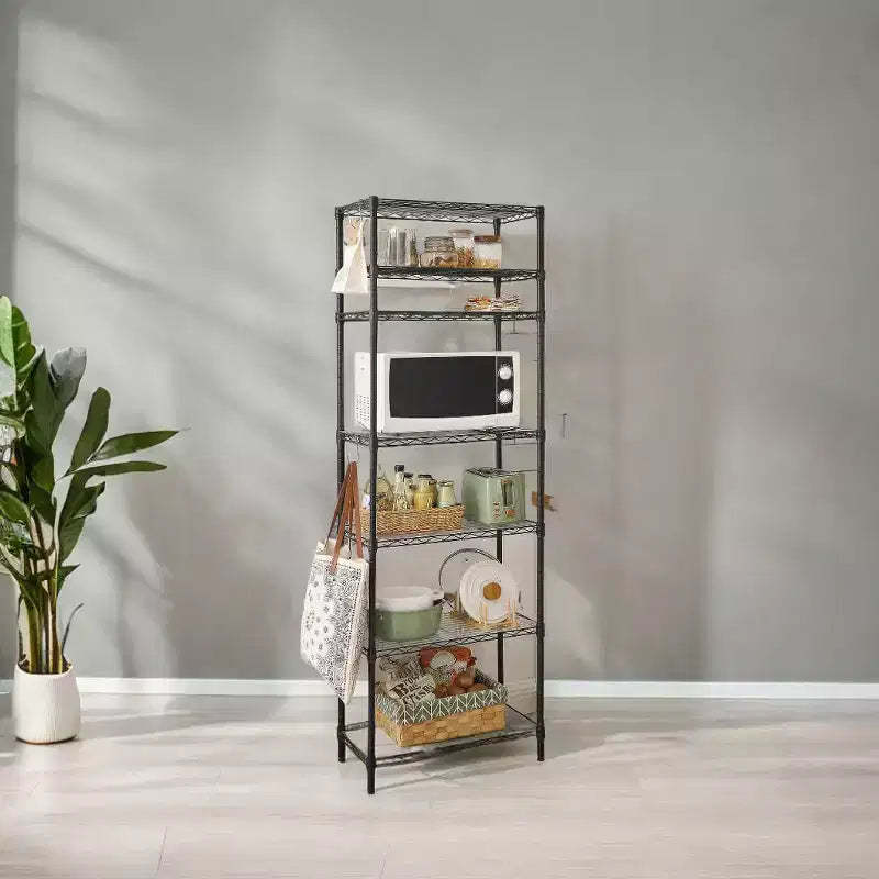 LEDREM 7-Tier Wire Shelving Unit - Kitchen Metal Shelves Storage Rack with Adjustable Shelves, Shelf Liners, 8 Hooks, 13.4 x 23.2 x 70.9 Inches, Black
