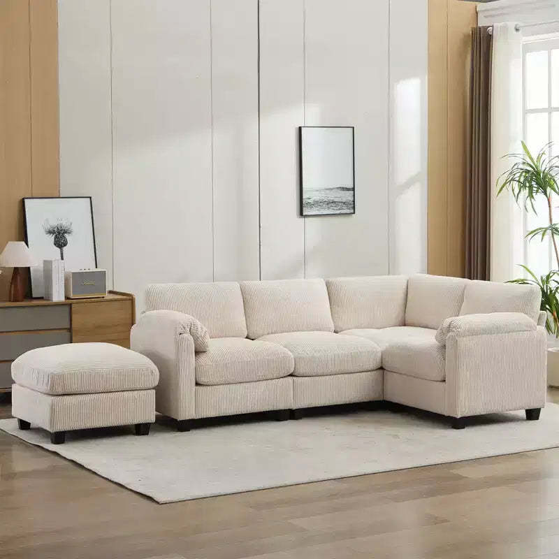 Corduroy Modular Sectional Sofa with Movable Ottoman, U-Shape Upholstered Comfy Couch with Two-Layer Seat Cushion for Living Room