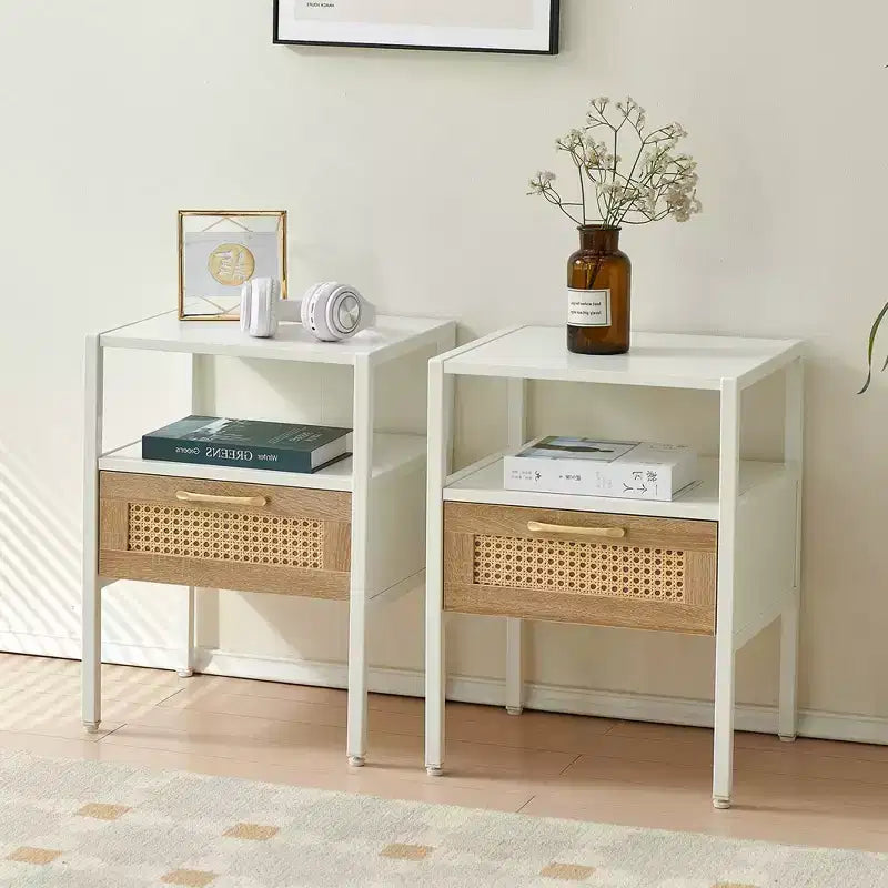 MAYEERTY Rattan End Table Set of 2, Modern Nightstand with Drawer, Side Table for Living Room, Bedroom,White