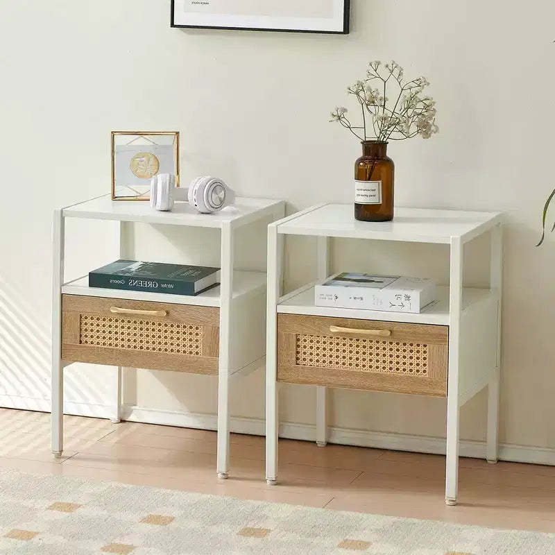 MAYEERTY Rattan End Table Set of 2, Modern Nightstand with Drawer, Side Table for Living Room, Bedroom,White