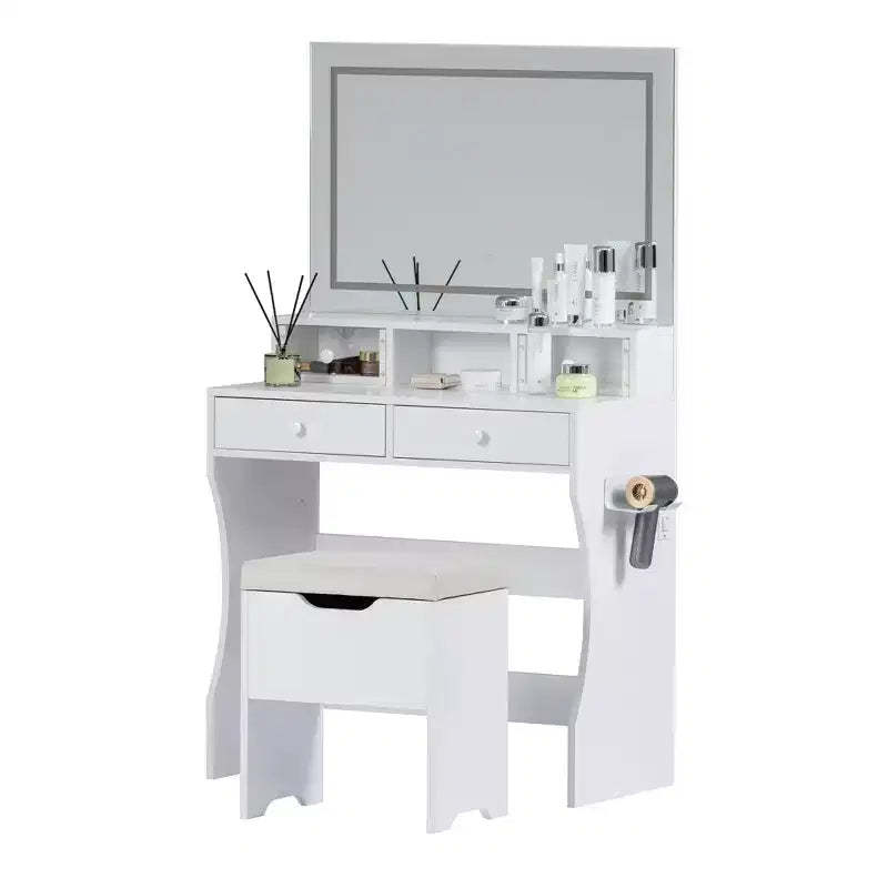VECELO Vanity Desk with LED Lighted Mirror & Power Outlet, Makeup Table with 4 Drawers & Storage Stool, Adjustable 3 Lighting Modes for Bedroom