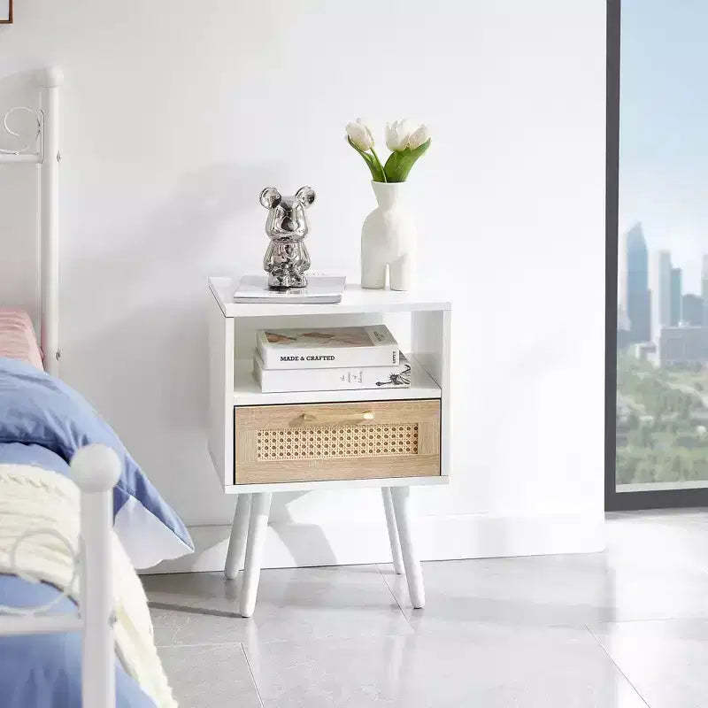 MAYEERTY Rattan End Table with Drawer and Solid Wood Legs, Side Table for Living Room, Bedroom, White