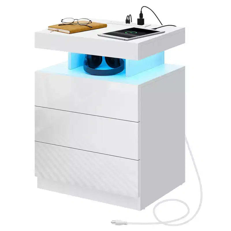 Hommpa Modern LED Nightstand with 3 Drawers & Wireless Charging Station