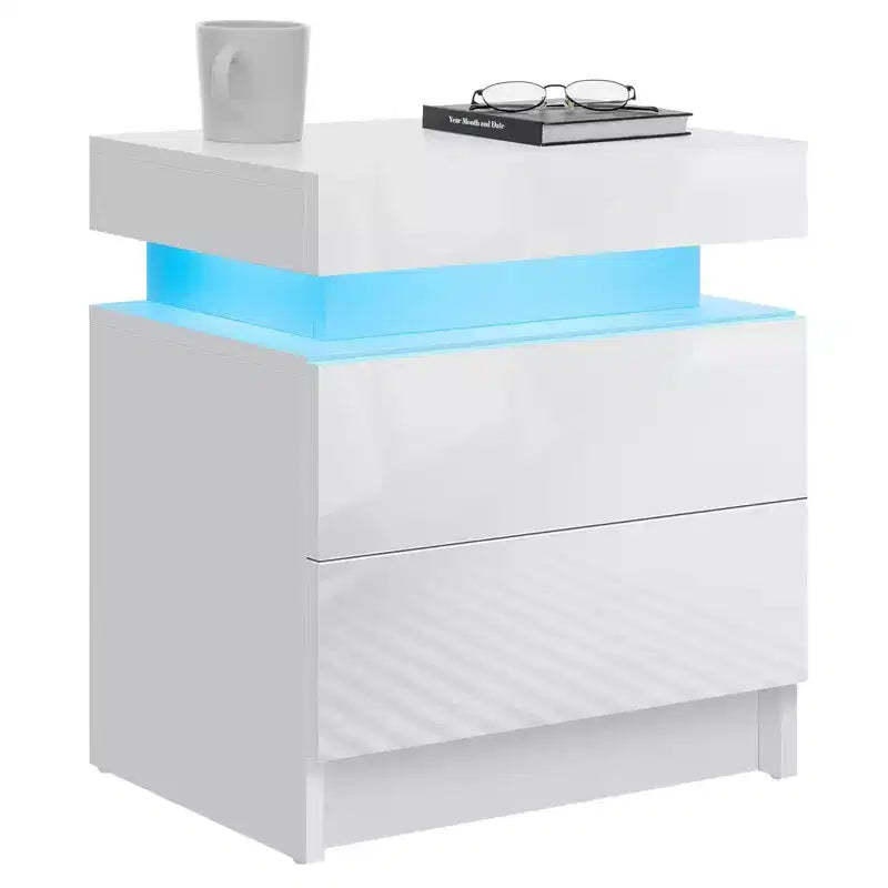 Hommpa Modern LED Nightstand High Gloss Beside Table with 2 Drawers