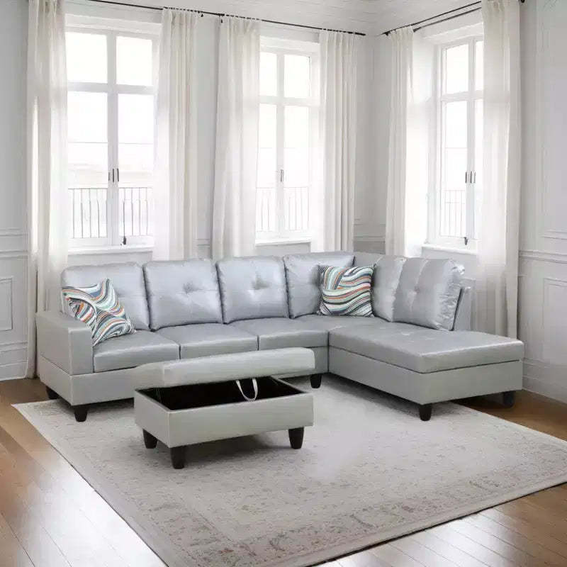 Light Grey Semi-PU Leather Sectional Sofa - Modern L-Shaped Design, Tufted Cushions, Decorative Pillows, Storage Ottoman
