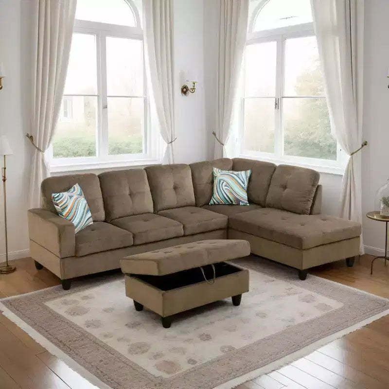 Brown Fabric Sectional Sofa with Chaise Lounge & Storage Ottoman C Modern Comfort & Style
