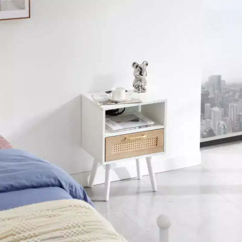 15.75 Rattan End table with Power Outlet & USB Ports , Modern nightstand with drawer and solid wood legs, side table for living room, bedroom, white