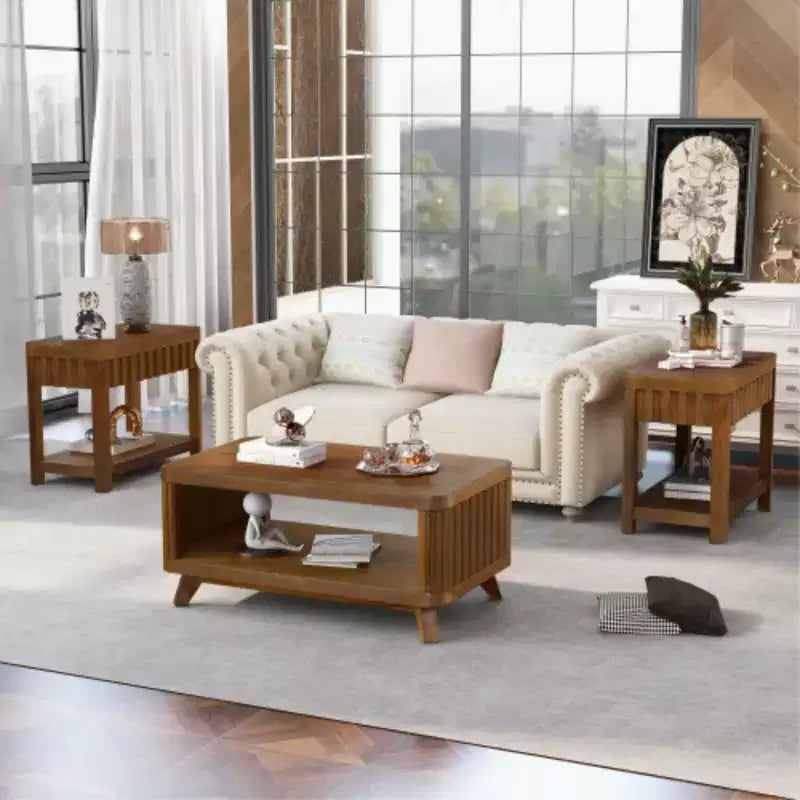 Rectangular Living Room Coffee Table Set, 3-Piece Living Room Table Set with Solid Wood Legs, 1 Coffee Table and 2 End Table