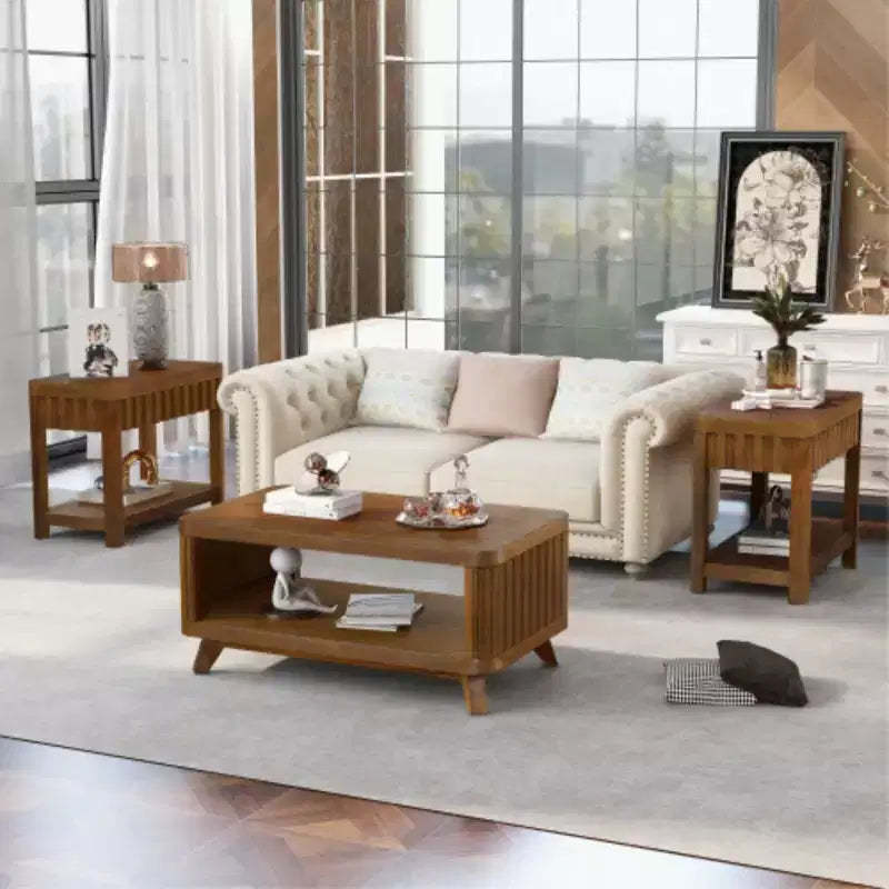 Rectangular Living Room Coffee Table Set, 3-Piece Living Room Table Set with Solid Wood Legs, 1 Coffee Table and 2 End Table