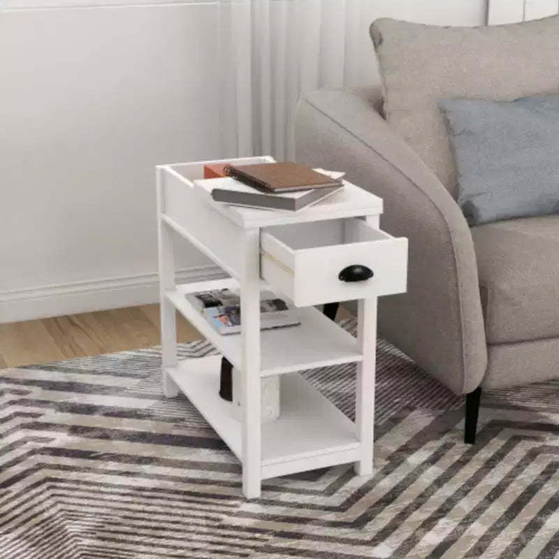Compact Side Table with Drawers & Flip-Design Bottom Shelf for Storage Efficiency