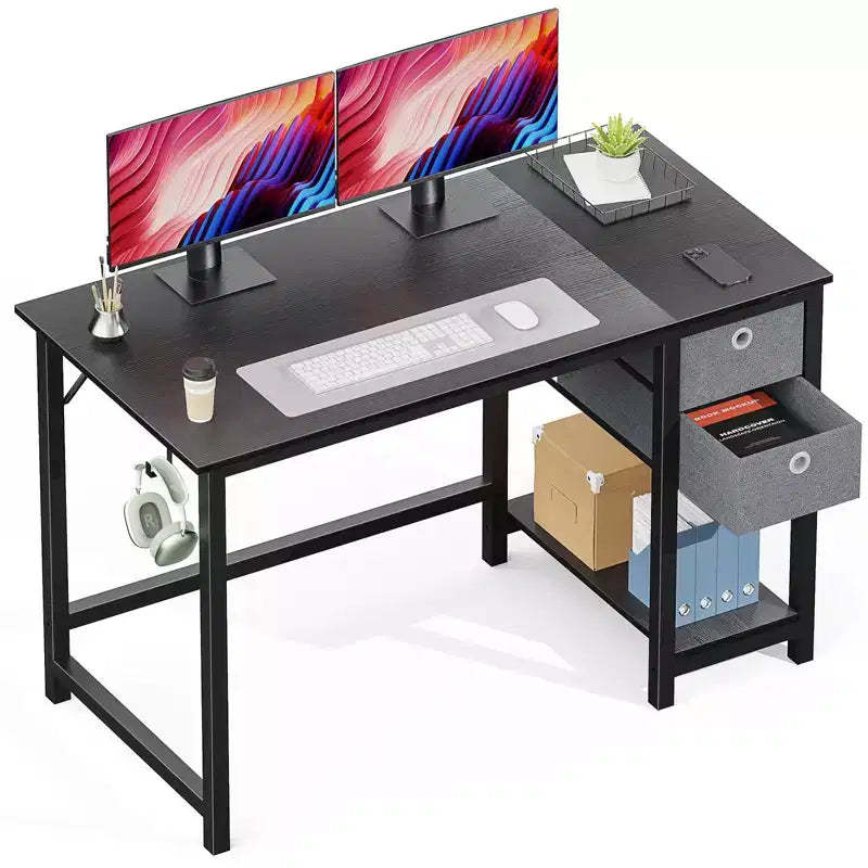 Computer Desk with Drawers 55 Inch Home Office Desk Writing Desk Work Desk PC Table Study Desk with 2-Tier Drawers Storage Shelf Side Hook