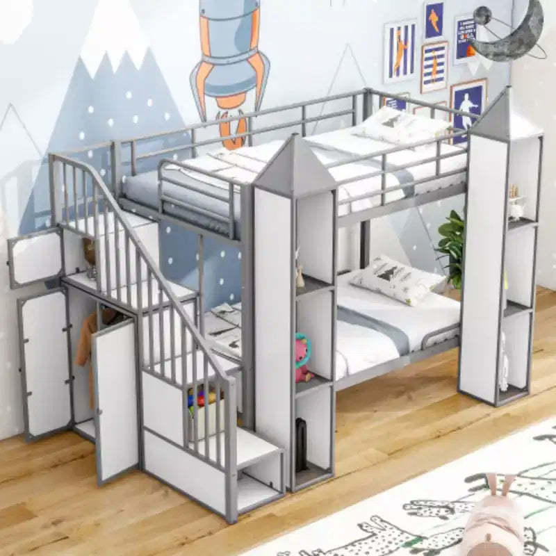 Metal Twin over Twin Castle-shaped Bunk Bed with Wardrobe and Multiple Storage, Gray+White