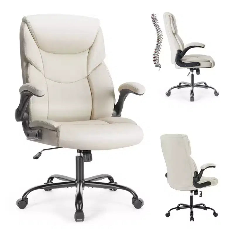 Office Chair in PU Leather: Adjustable Flip-up Armrest, Lumbar Support, Strong Metal Base