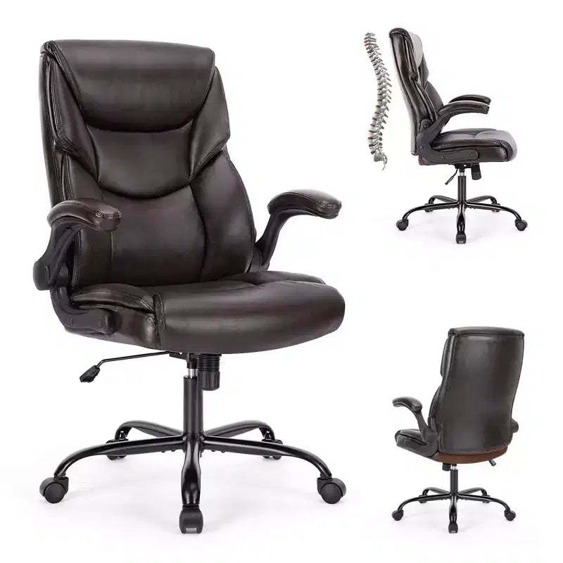 Strong Metal Base Office Chair with PU Leather, Adjustable Flip-up Armrest, and Lumbar Support
