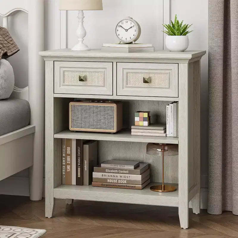 Heynemo Rattan Storage Cabinets, Accent Boho Storage Cabinet with 2 Drawers and 2 Shelves, Multipurpose Modern Storage Cabinet