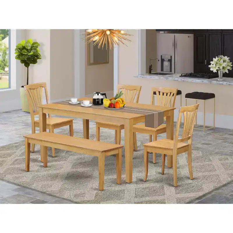 HomeStock Oak Rectangle Dining Table Set with 4 Chairs and Bench