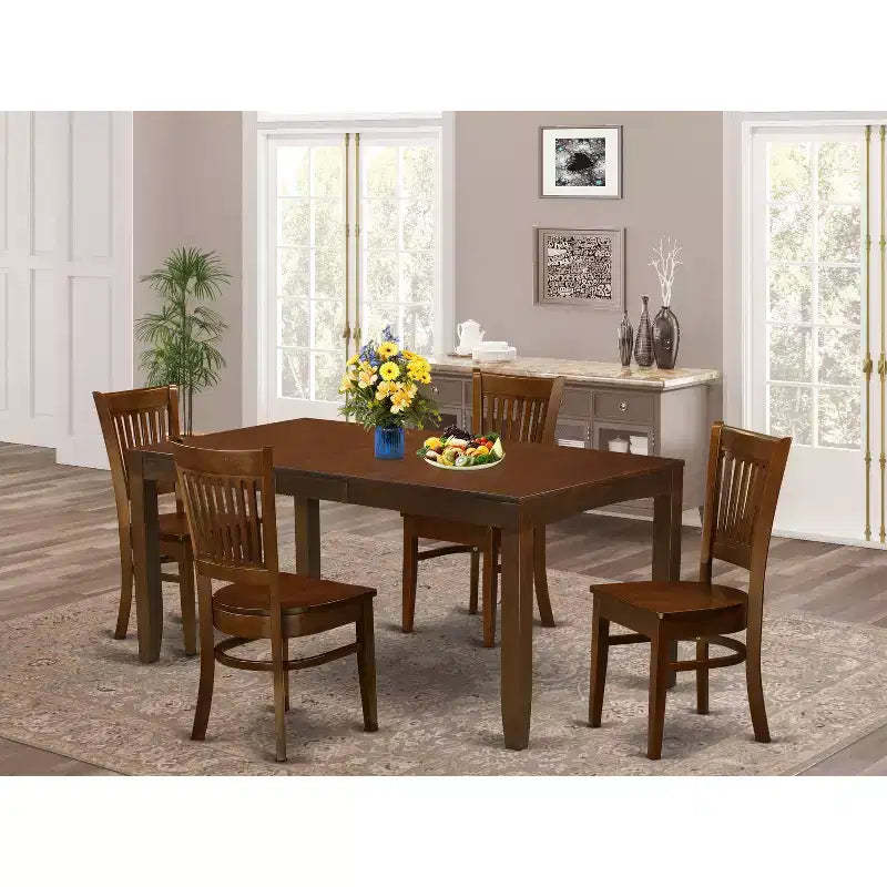 HomeStock Dining Table Set With Butterfly Leaf & 4 Linen Chairs - Espresso Finish