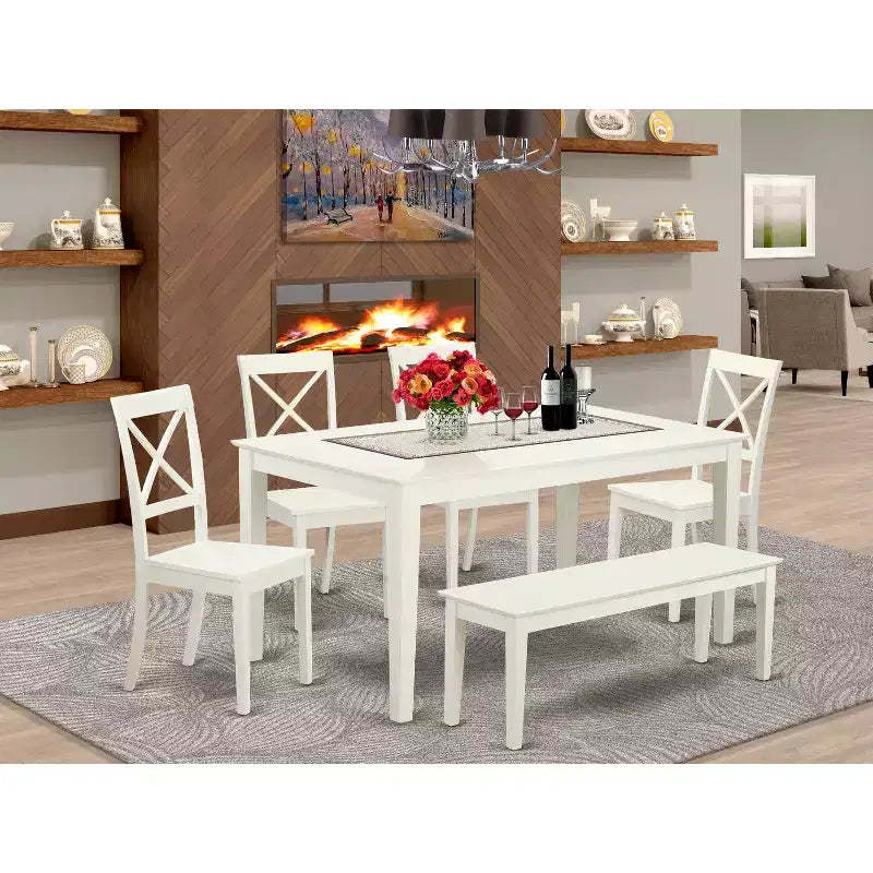 HomeStock Cabo 6 Piece Linen White Dining Set Modern Style 1017