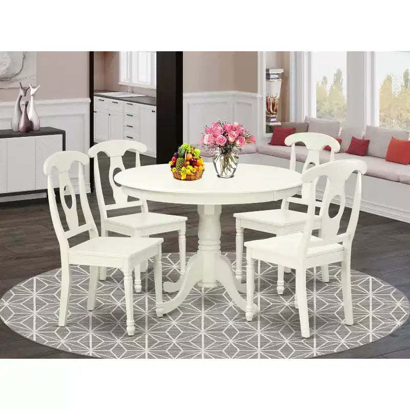HomeStock HLKE5-LWH-W 5PC Round Linen White Dining Set