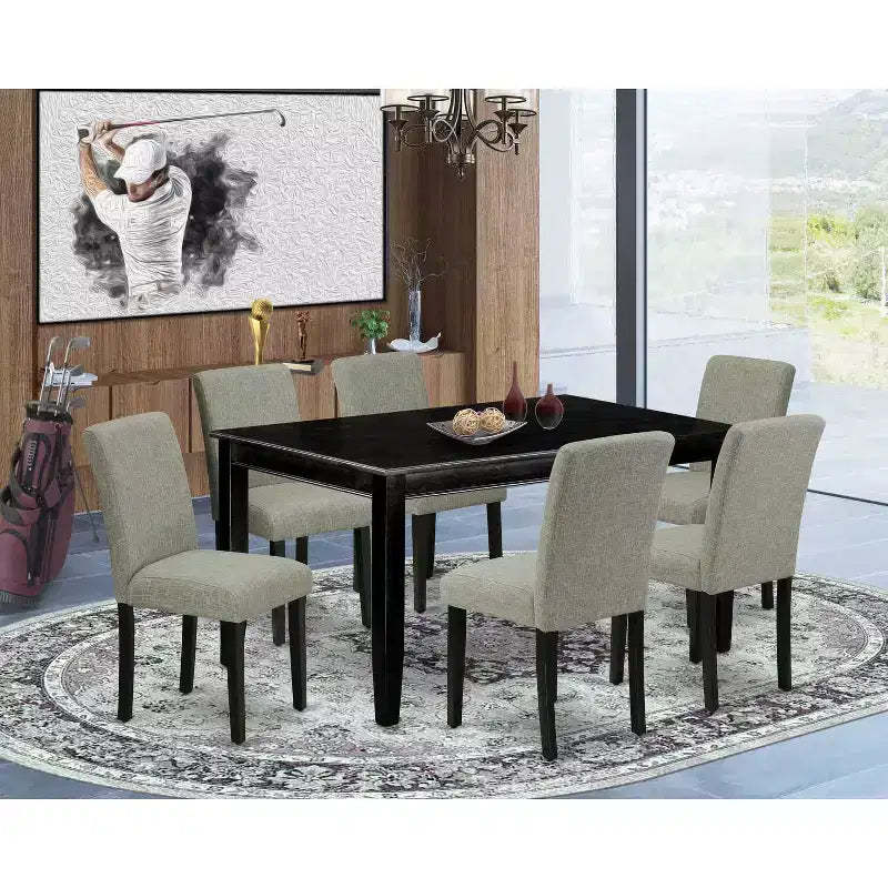 HomeStock 7 Piece Dining Room Table Set Black Rectangle Table Shitake Linen Chairs
