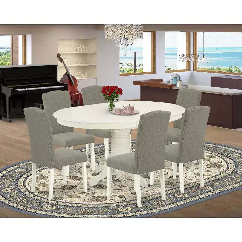 HomeStock Oval Dining Table Set Linen White Dark Shitake