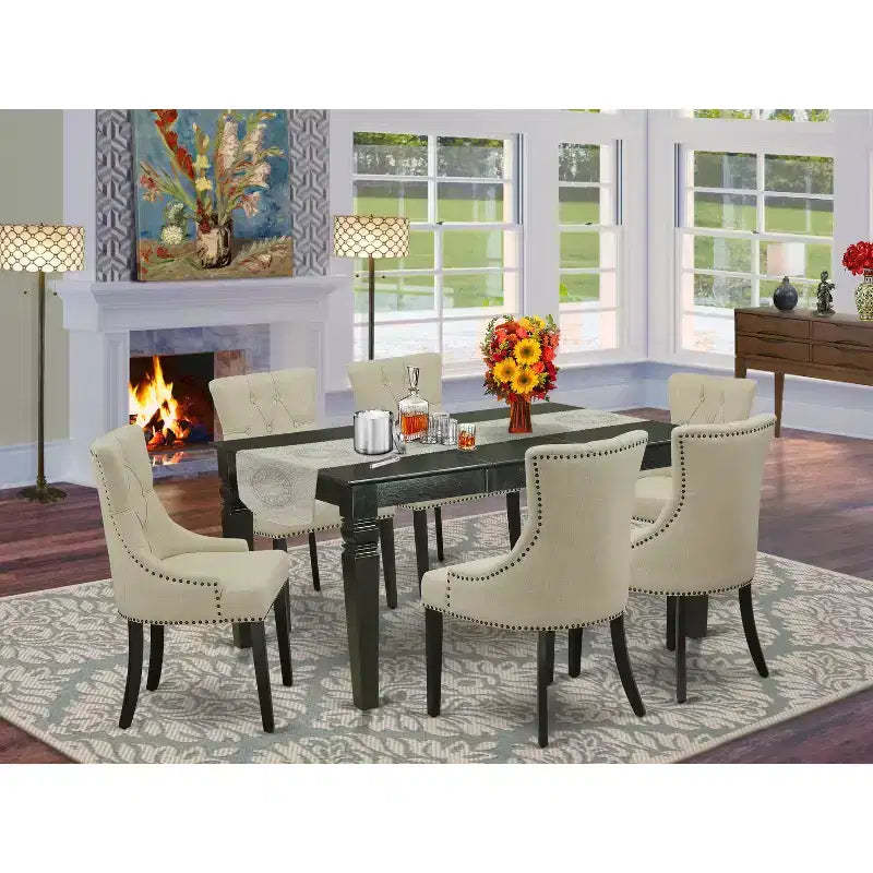 HomeStock 7 Piece Dinette Set Rectangle Table with 6 Chairs Black Light Beige