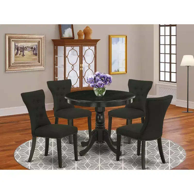 HomeStock Round Dining Set Linen Parsons Chairs Black Finish 36 Inch