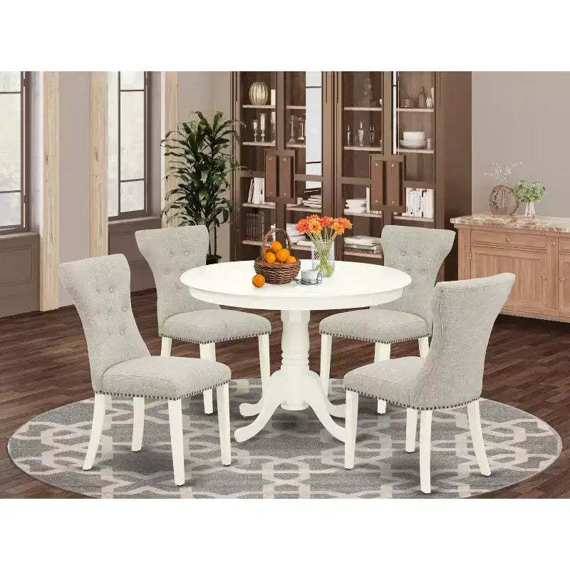 HomeStock 5 Piece Round Pedestal Dining Set Linen White Doeskin