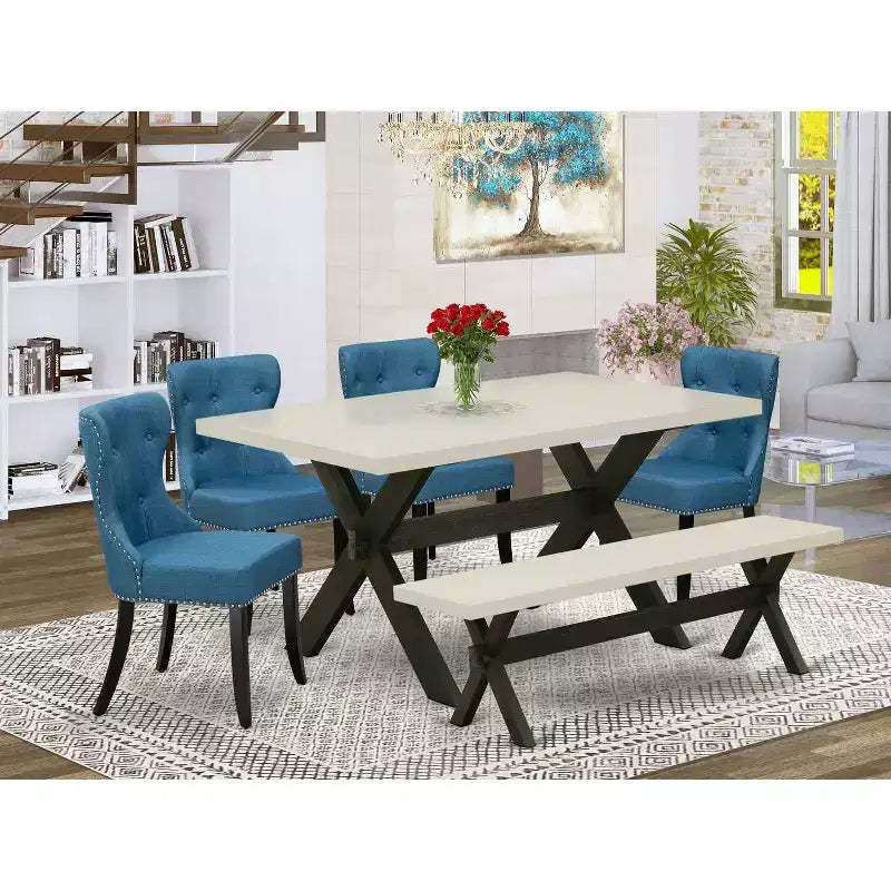 HomeStock 6 Piece Kitchen Table Set Blue Linen Chairs