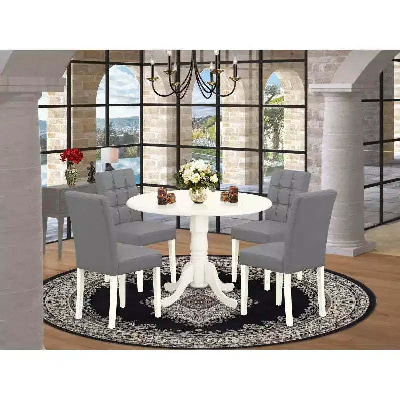 HomeStock Linen White Round Dining Table Set with 4 Chairs Modern Style DLAS5-WHI-41